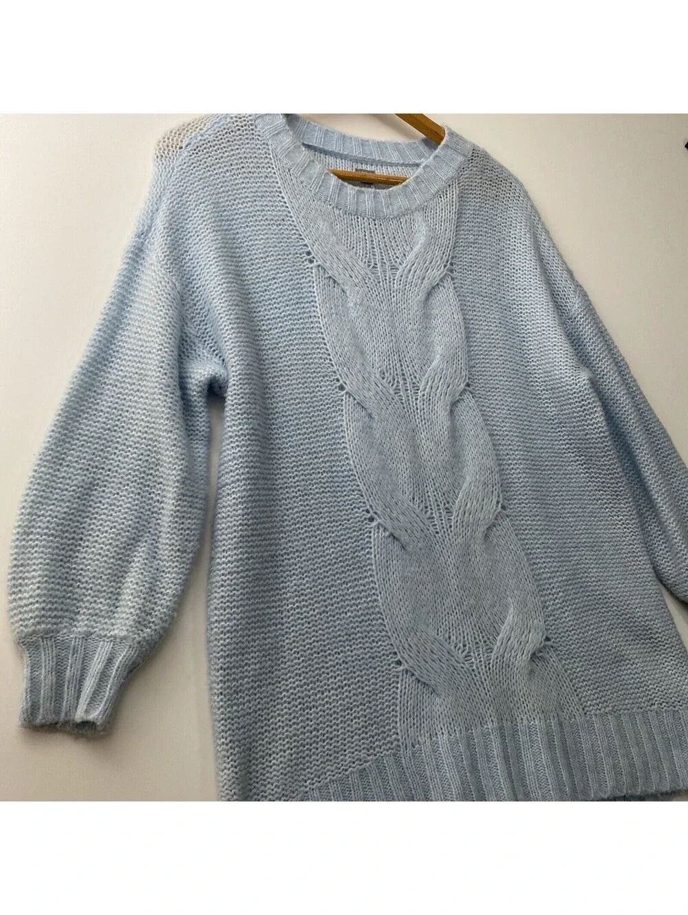 Aerie Cable Knit Wool-Blend Oversized Sweater Baby Blue Size S